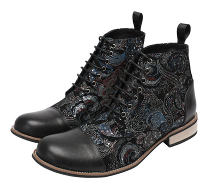 Mens Genuine Leather Embroidery Square Toe Oxfords Boots