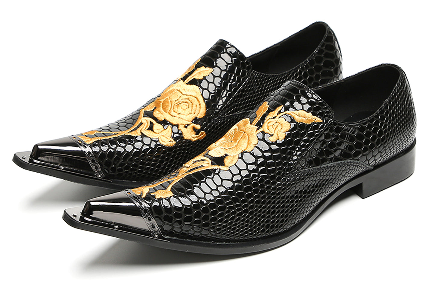 Mens Embroidered Rose Snake Pattern Patent Leather Western Loafers