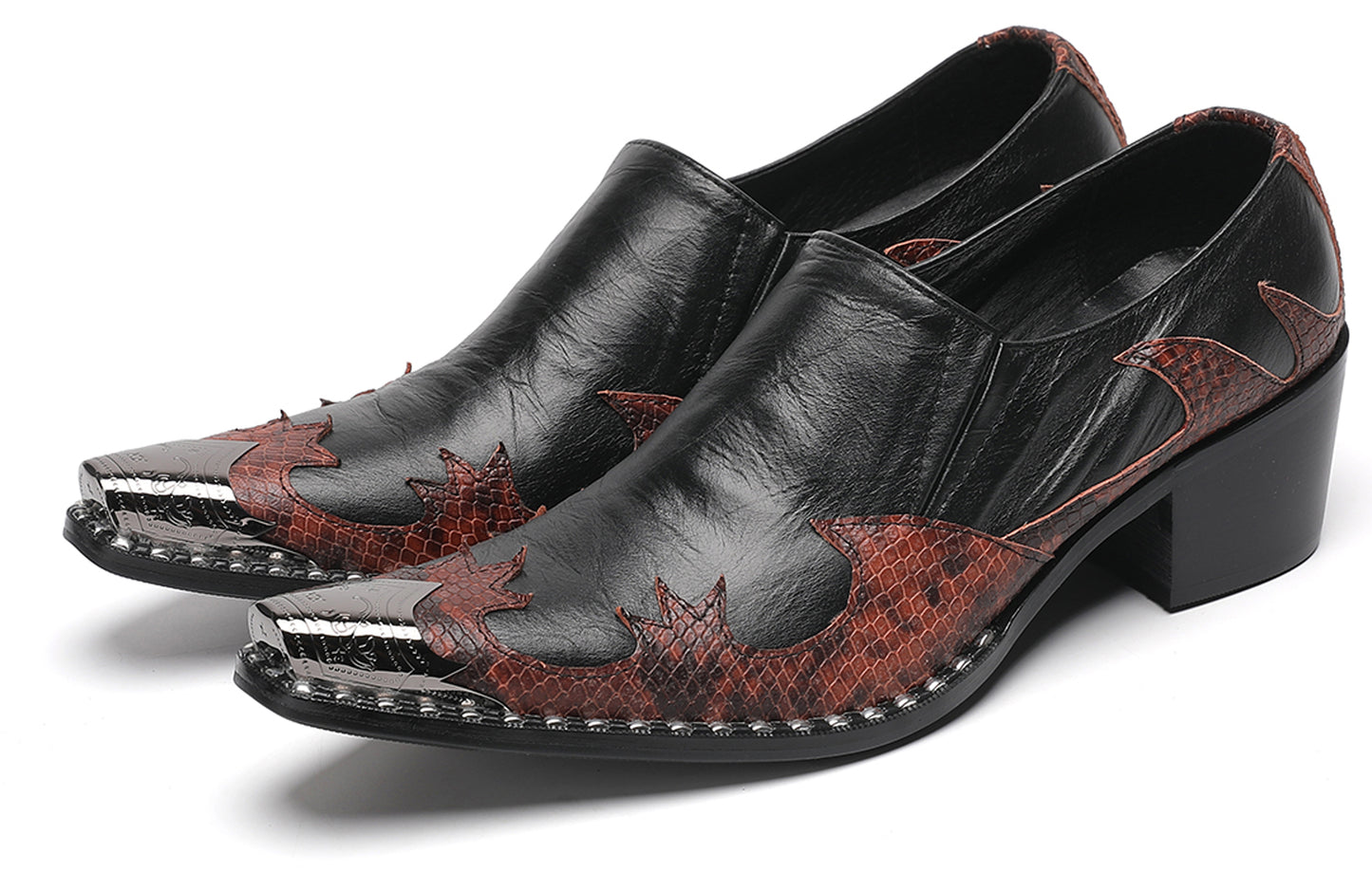 Mens Genuine Leather Metal Pointed Toe Two Tone Western Loafers