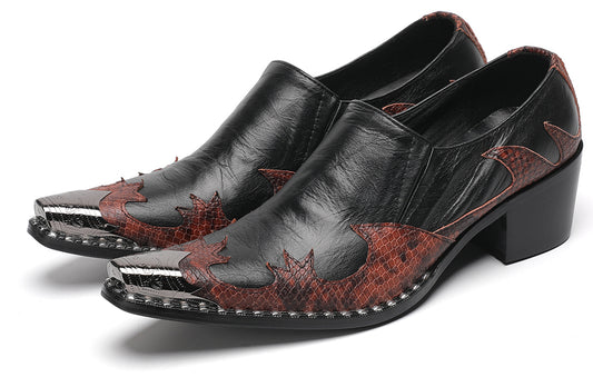Mens Genuine Leather Metal Pointed Toe Two Tone Western Loafers