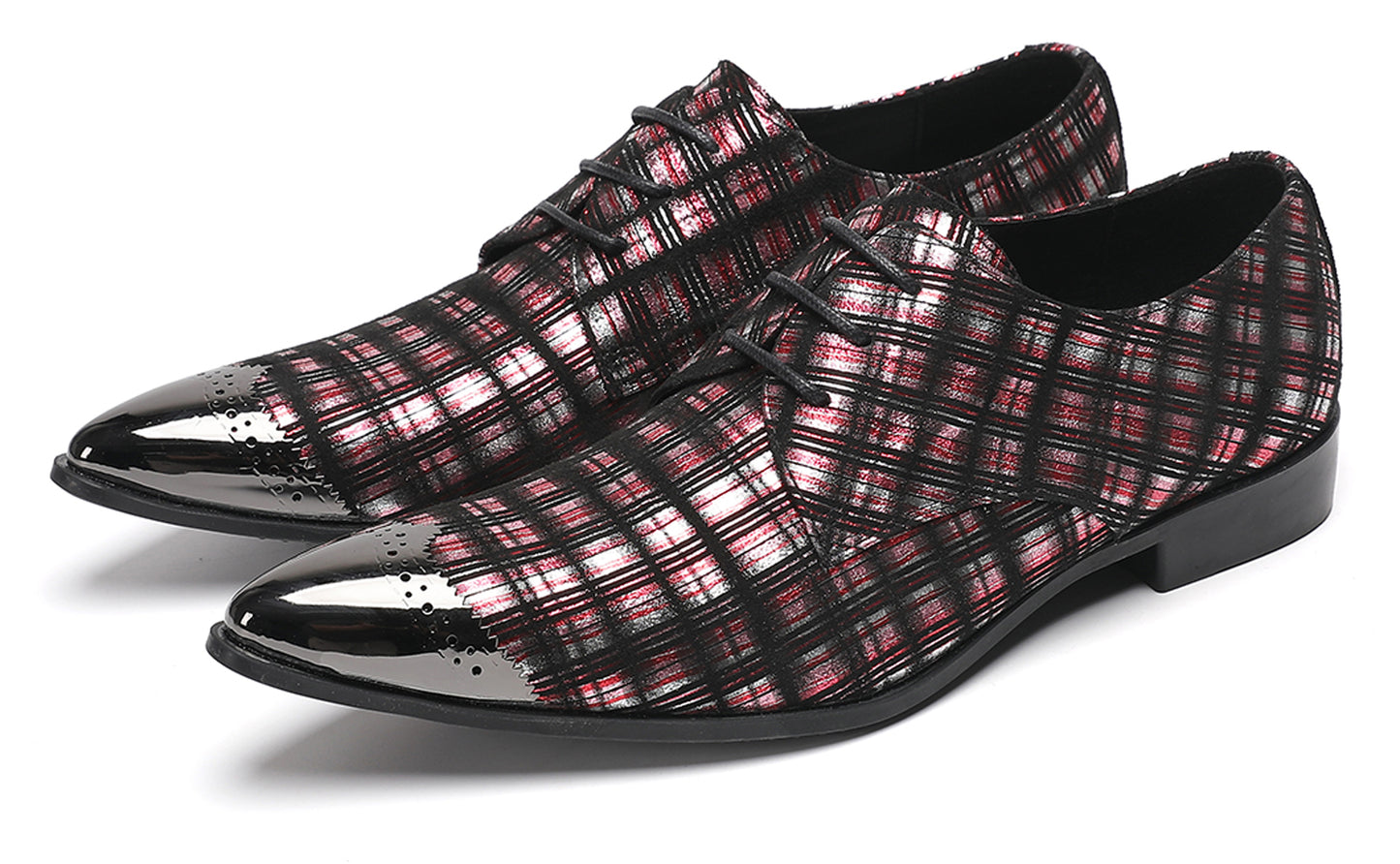 Mens Plaid Patent-Leather Dress Casual Metal Toe Western Oxfords