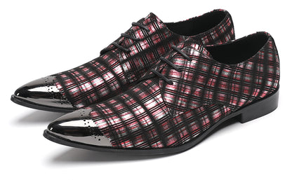 Mens Plaid Patent-Leather Dress Casual Metal Toe Western Oxfords