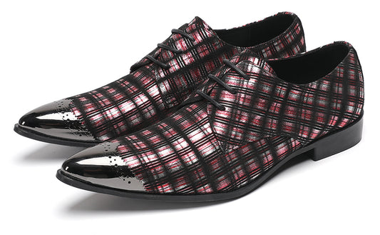 Mens Plaid Patent-Leather Dress Casual Metal Toe Western Oxfords