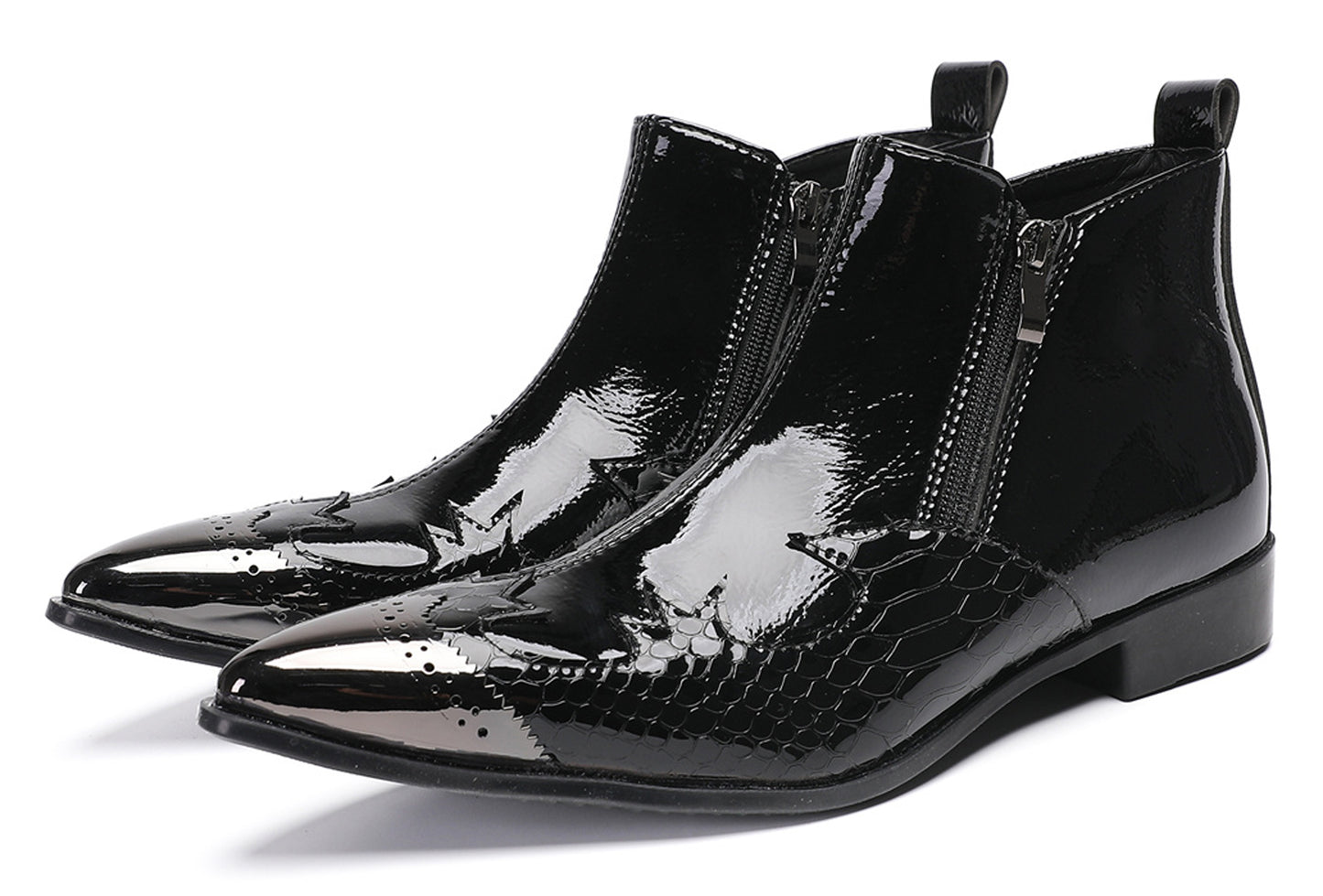 Mens Glossy Patent Leather Double Zipper Ankle Western Boots