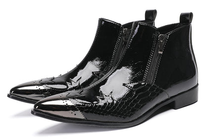 Mens Glossy Patent Leather Double Zipper Ankle Western Boots