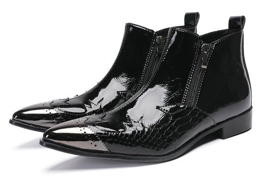 Mens Glossy Patent Leather Double Zipper Ankle Western Boots