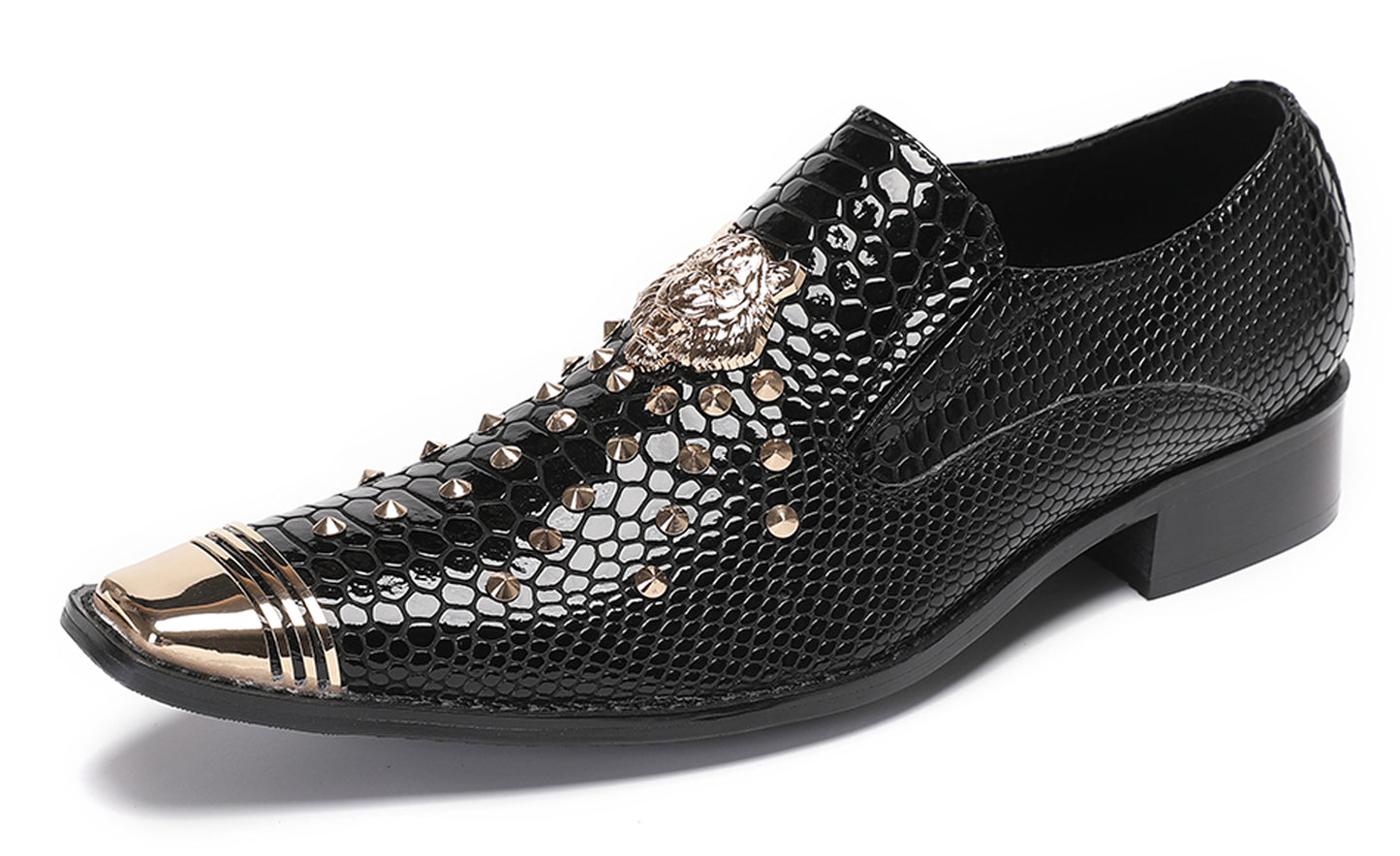 Mens Genuine Leather Snake Skin Texture Gold Glitter Beaded Western Loafers