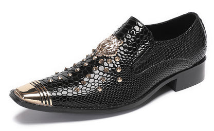 Mens Genuine Leather Snake Skin Texture Gold Glitter Beaded Western Loafers