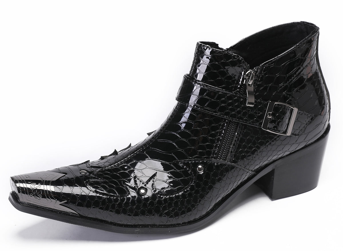 Mens Snakeskin Texture Metal Toe Double Zipper Ankle Western Boots