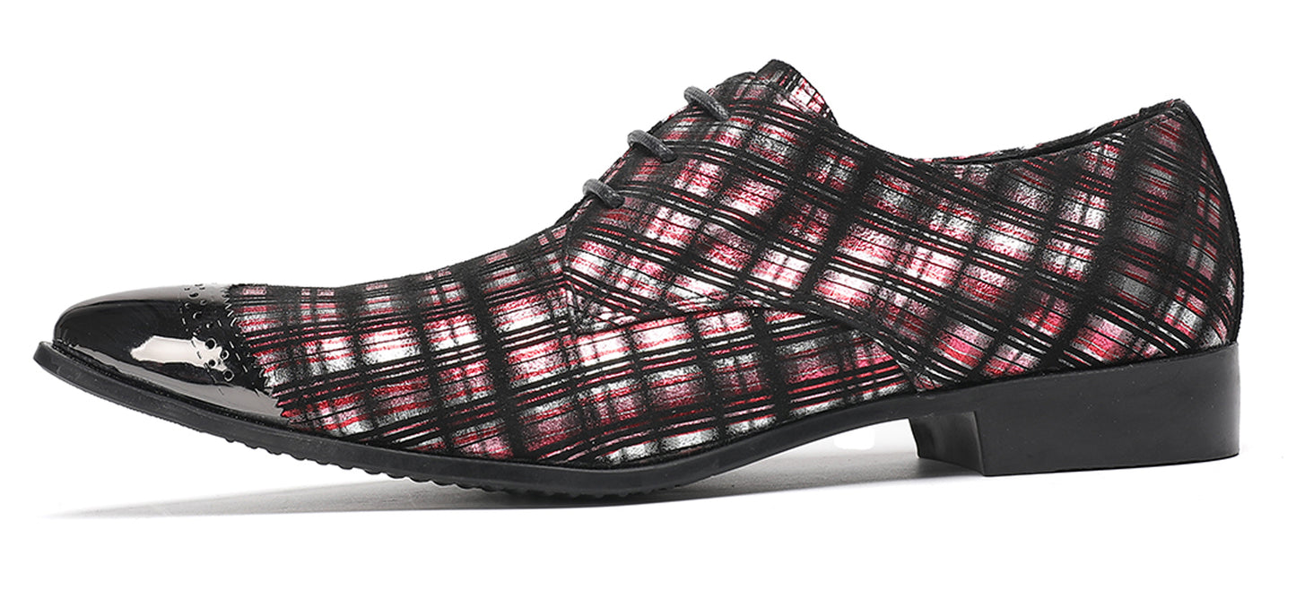 Mens Plaid Patent-Leather Dress Casual Metal Toe Western Oxfords