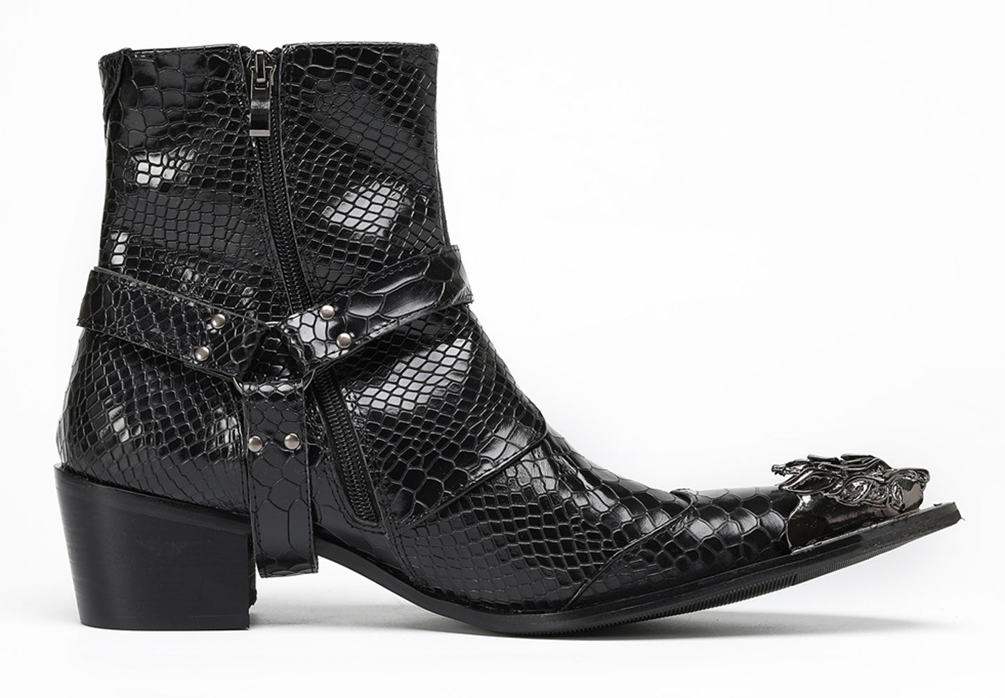Mens Black Crocodile Print Metal Lion Head Cowboy Western Boots