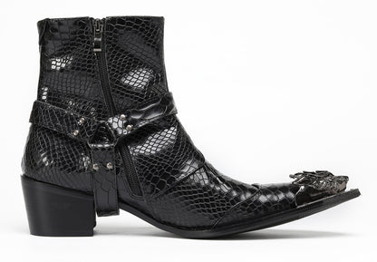 Mens Black Crocodile Print Metal Lion Head Cowboy Western Boots