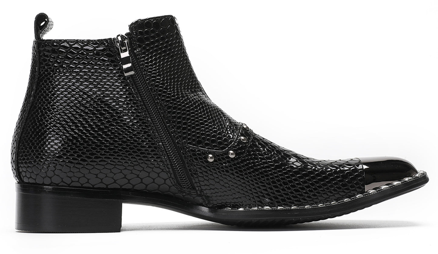 Mens Genuine Leather Snakeskin Texture Metal Square Toe Beads Western Boots