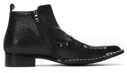 Mens Genuine Leather Snakeskin Texture Metal Square Toe Beads Western Boots