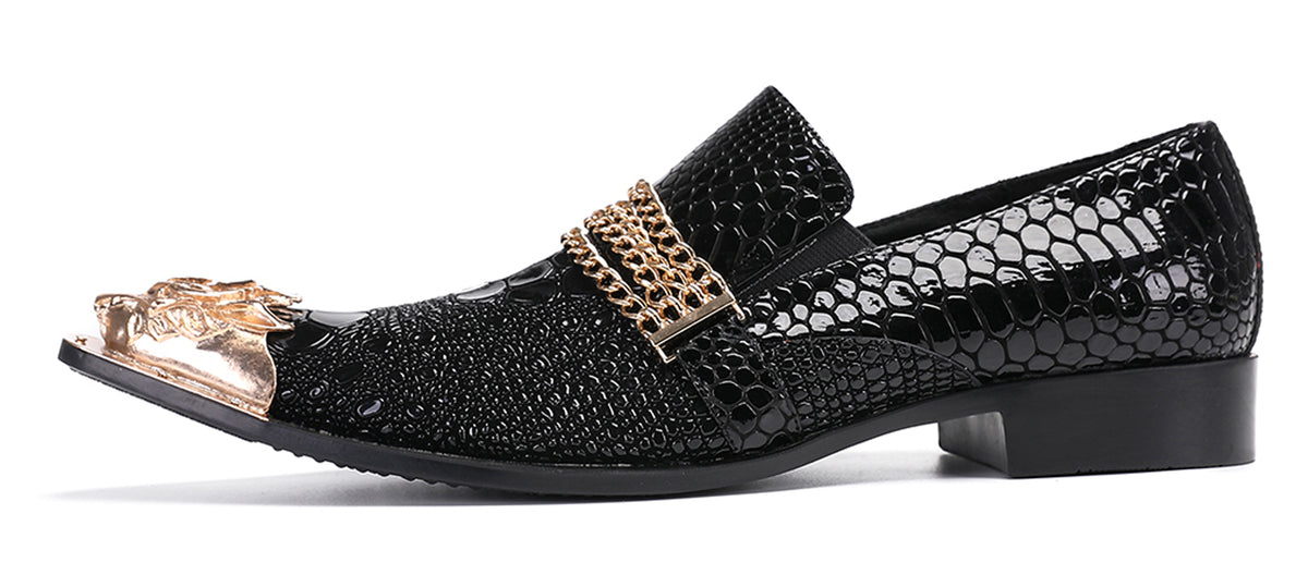 Mens Disco Party Casual Gold Chain Metallic Tip Western Loafers