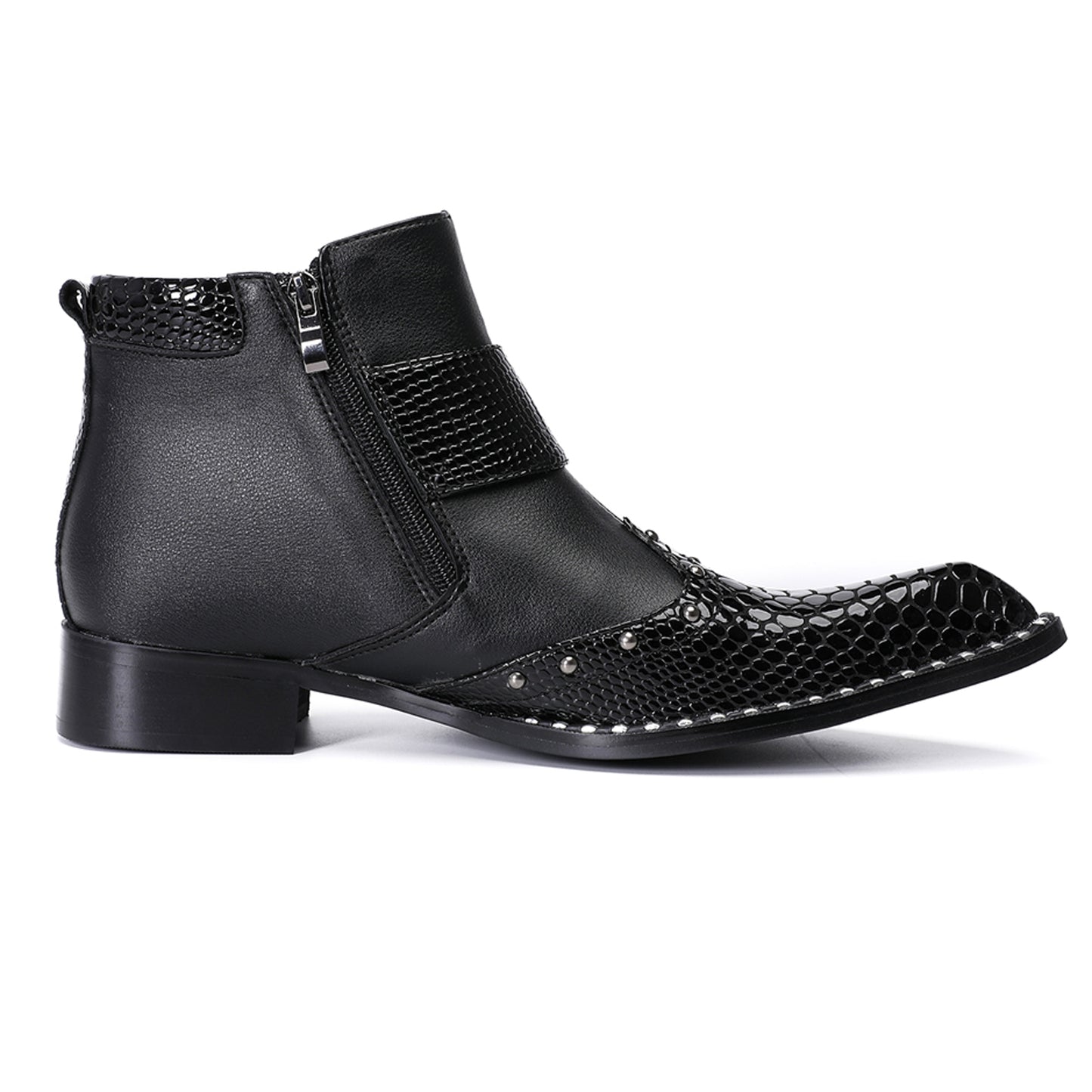 Mens Top-Grain Leather Pointed Toe Buckle Western Cowboy Ankle Boots