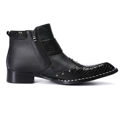Mens Top-Grain Leather Pointed Toe Buckle Western Cowboy Ankle Boots