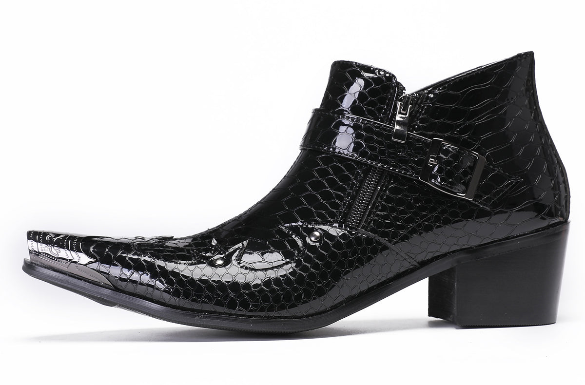 Mens Snakeskin Texture Metal Toe Double Zipper Ankle Western Boots