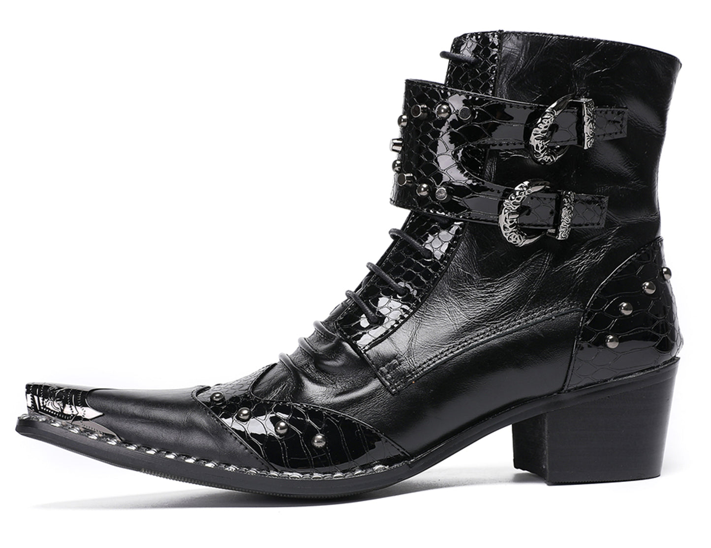 Mens Genuine Leather Metal Pointed Toe Belt Buckles Cowboy Western Boots