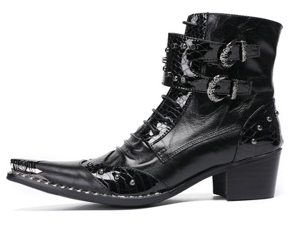 Mens Genuine Leather Metal Pointed Toe Belt Buckles Cowboy Western Boots
