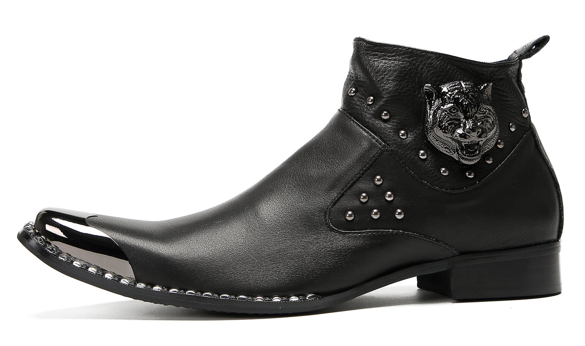Mens Genuine Leather Matel Sqaure Toe Zipper Beads Ankle Western Boots