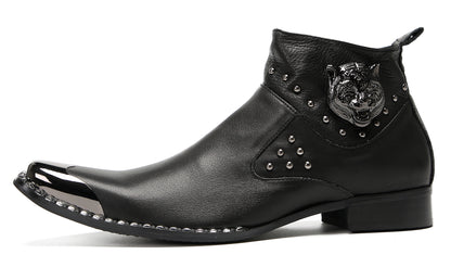 Mens Genuine Leather Matel Sqaure Toe Zipper Beads Ankle Western Boots