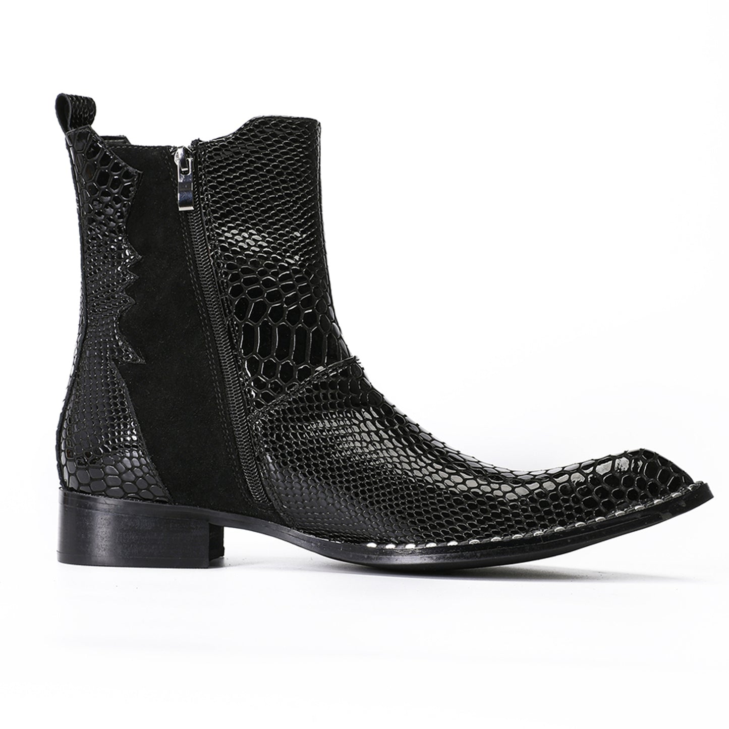 Mens Top-Grain Leather Snake-Embossed Studded Western Cowboy Ankle Boots