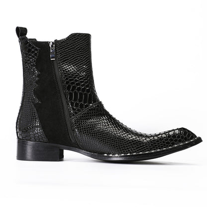 Mens Top-Grain Leather Snake-Embossed Studded Western Cowboy Ankle Boots