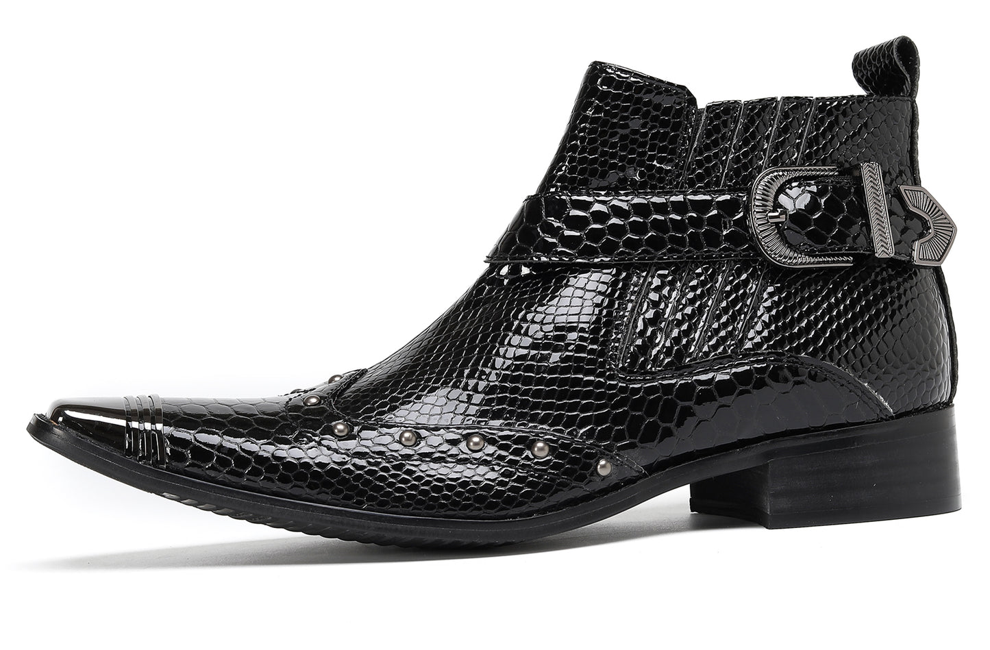Mens Snakeskin Zipper Side Studded Buckle Western Boots