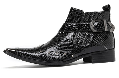 Mens Snakeskin Zipper Side Studded Buckle Western Boots