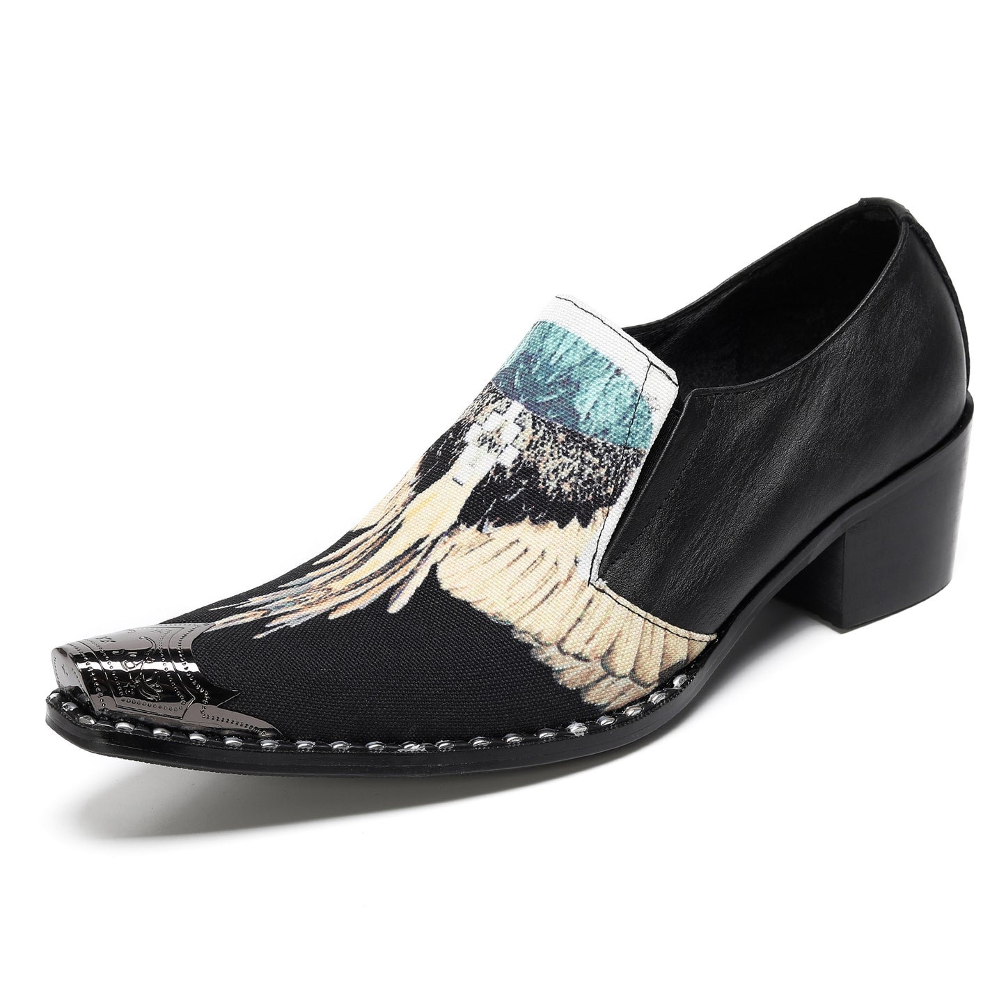Mens Top-Grain Leather Eagle Print Slip On Western Loafers