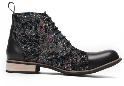 Mens Genuine Leather Embroidery Square Toe Oxfords Boots