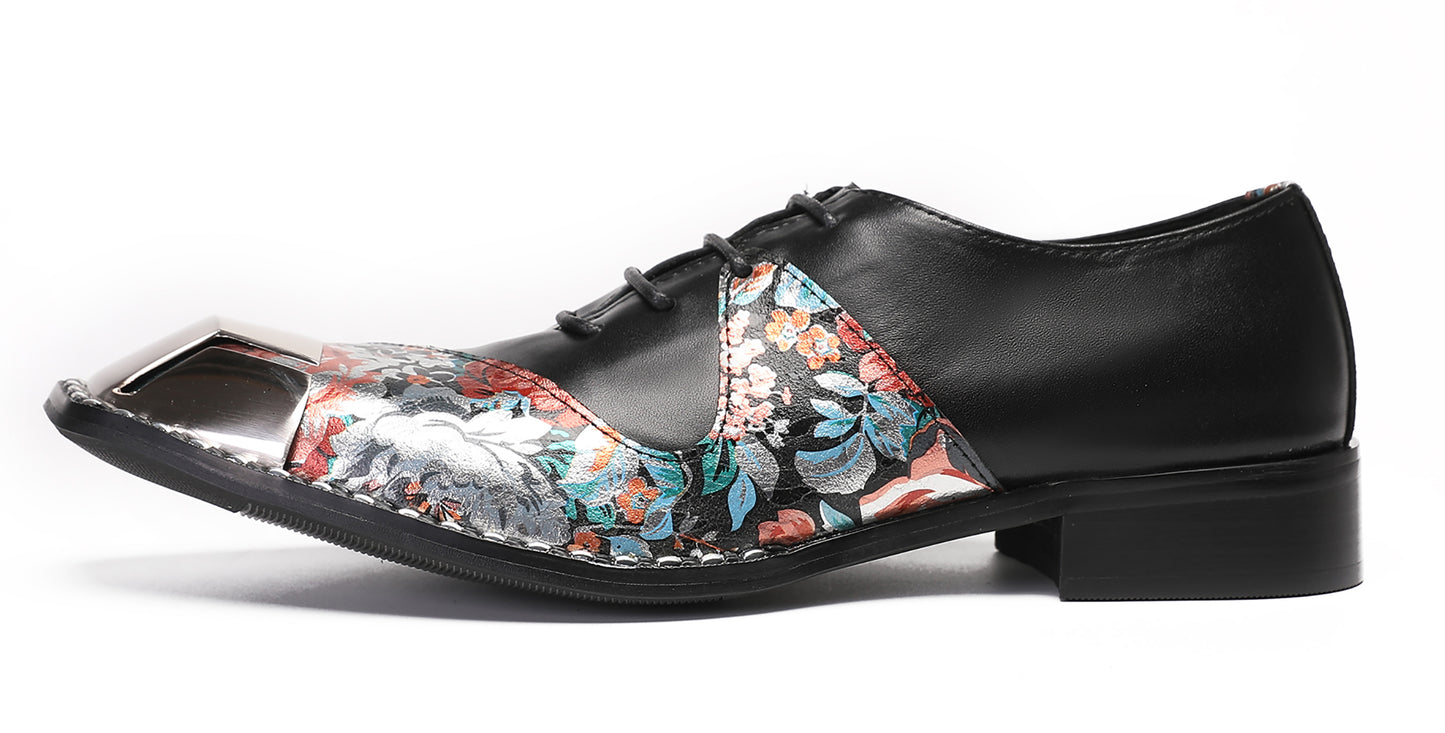 Mens Metal-Square Toe Leather Two-Toned Western Oxfords