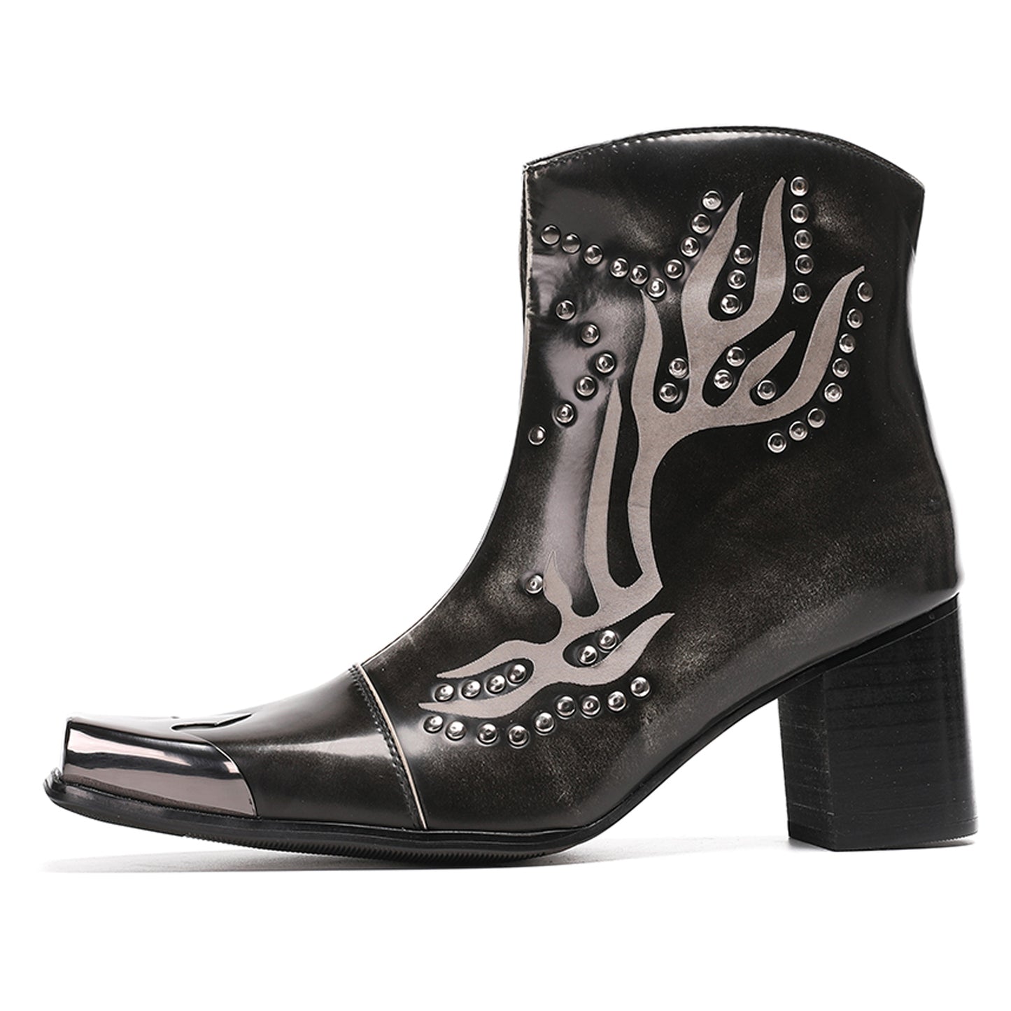 Mens Leather Metal Square Toe Flame Studded Dress Ankle Western Boots