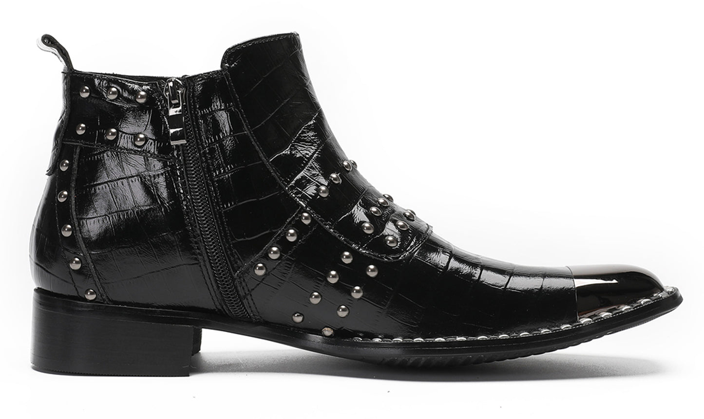 Mens Genuine Leather Metal Square Toe Side Zipper Beads Plaid Ankle Western Boots