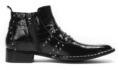 Mens Genuine Leather Metal Square Toe Side Zipper Beads Plaid Ankle Western Boots