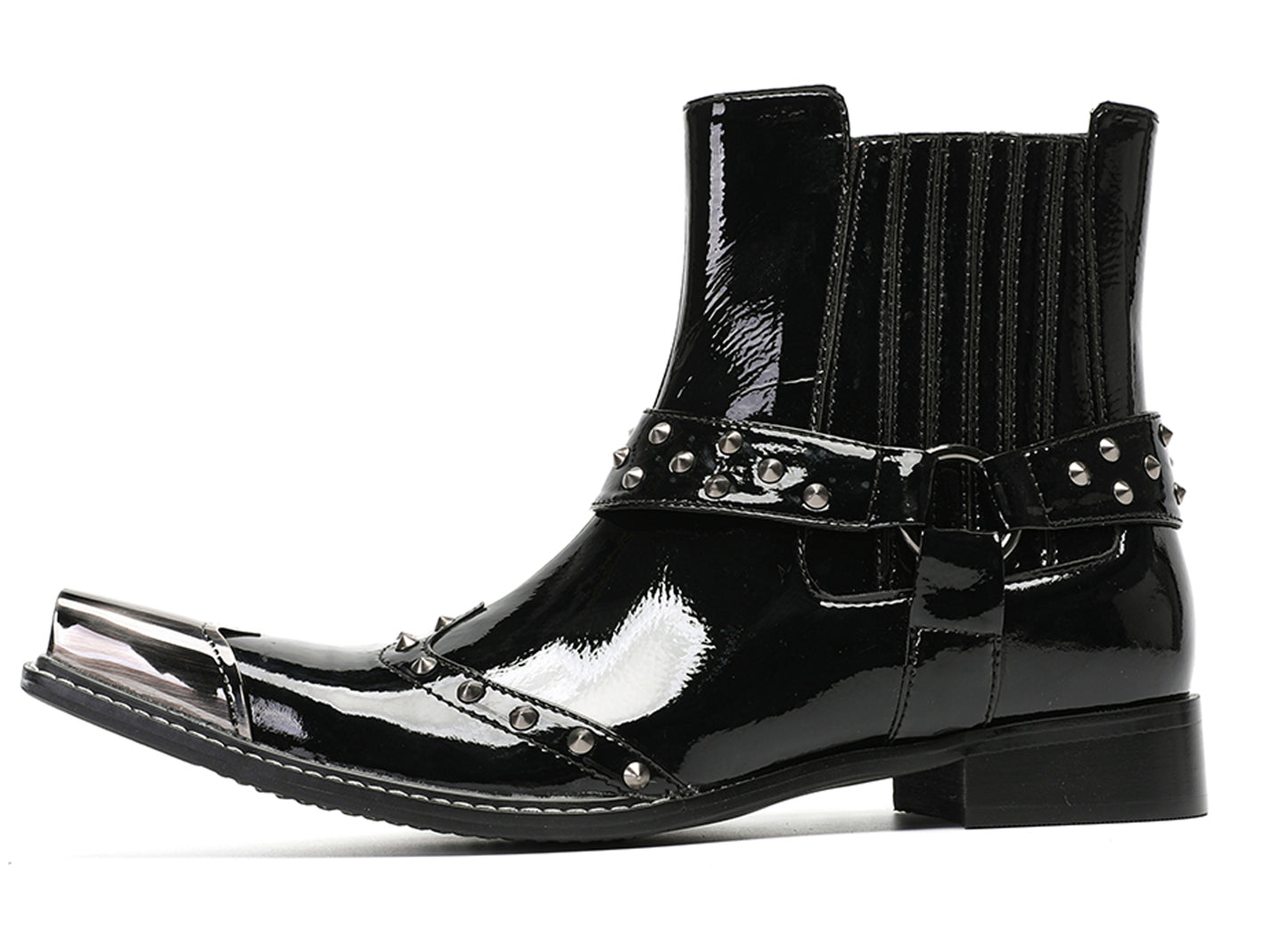 Mens Top-Grain Leather Studded Strap & Side Zipper Cowboy Western Boots