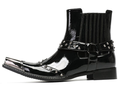 Mens Top-Grain Leather Studded Strap & Side Zipper Cowboy Western Boots