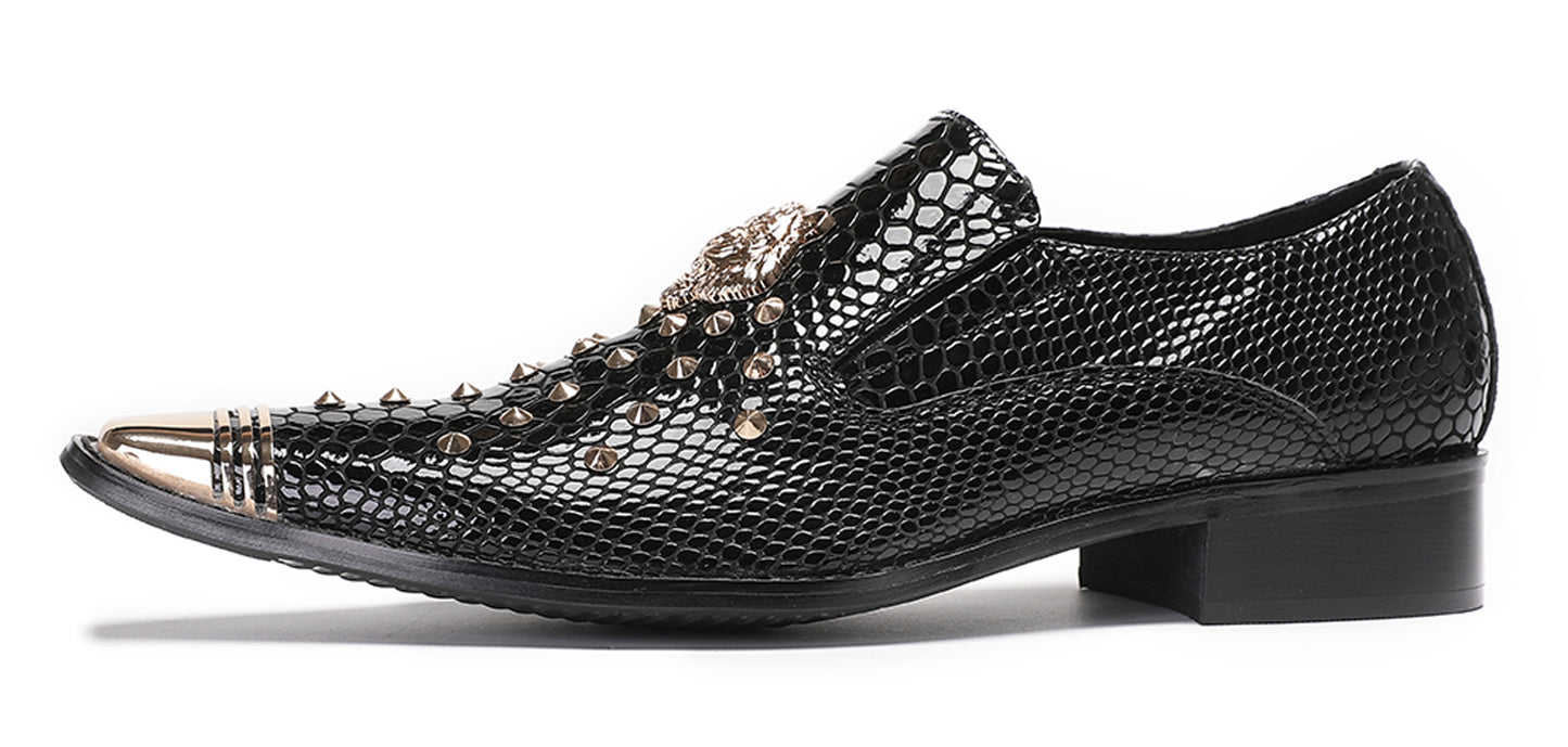 Mens Genuine Leather Snake Skin Texture Gold Glitter Beaded Western Loafers