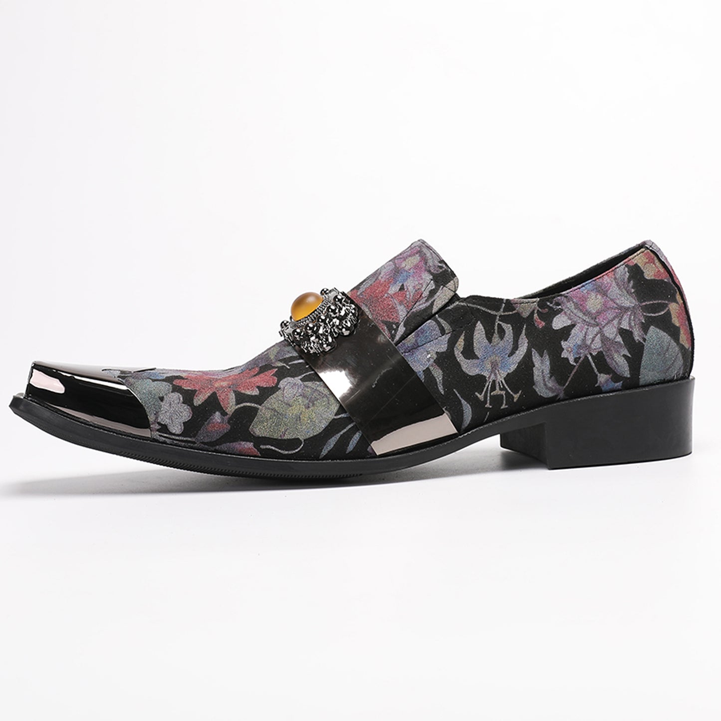 Men¡¯s Handmade Floral Top-Grain Leather Metal Square Toe Loafers