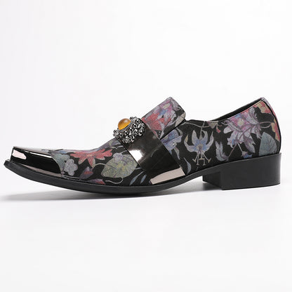 Men¡¯s Handmade Floral Top-Grain Leather Metal Square Toe Loafers
