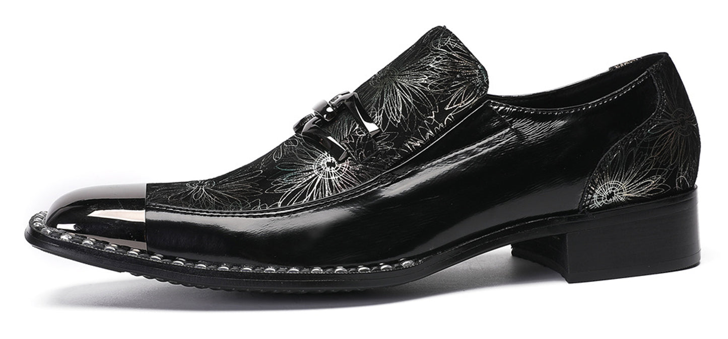 Mens Genuine Leather Sequin Metal Square Toe Western Loafers