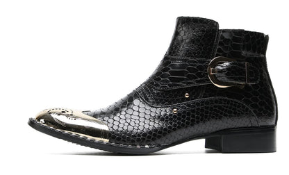 Mens Genuine Leather Metal-Square Toe Snakeskin Texture Ankle Western Boots