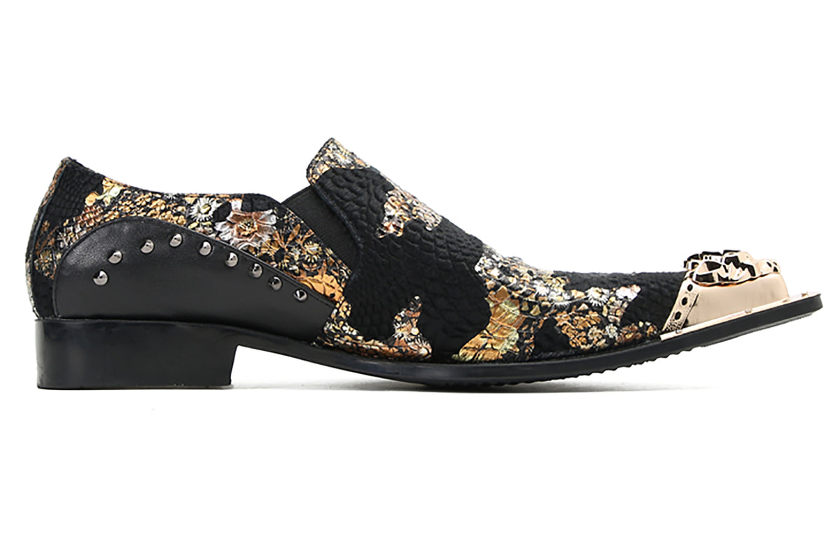 Mens Silp On Leather Metal Tip Toe Gold Glitter Western Loafers