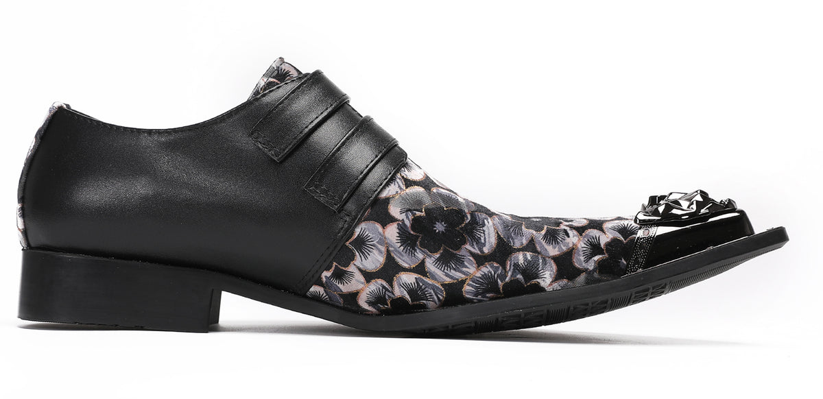 Mens Double Buckle Flower Embroidery Two-Tone Western Loafers