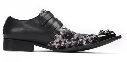 Mens Double Buckle Flower Embroidery Two-Tone Western Loafers