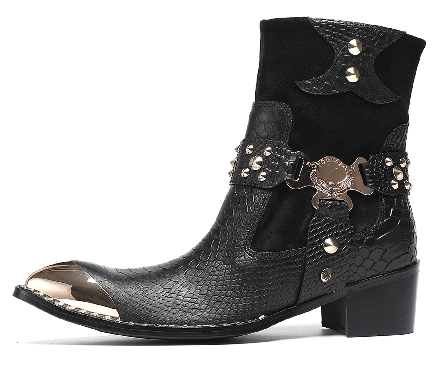 Mens Top-Grain Leather Studded Skull Buckle Punk Cowboy Western Boots