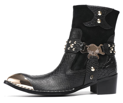 Mens Top-Grain Leather Studded Skull Buckle Punk Cowboy Western Boots