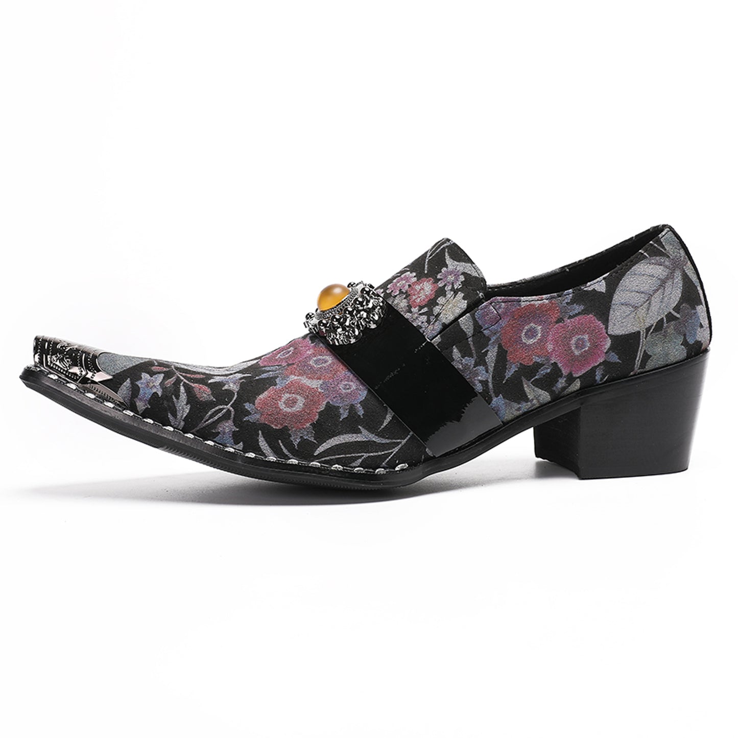 Mens Floral Leather Loafers Metal Toe Slip On Dress Shoes
