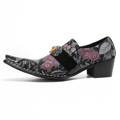 Mens Floral Leather Loafers Metal Toe Slip On Dress Shoes
